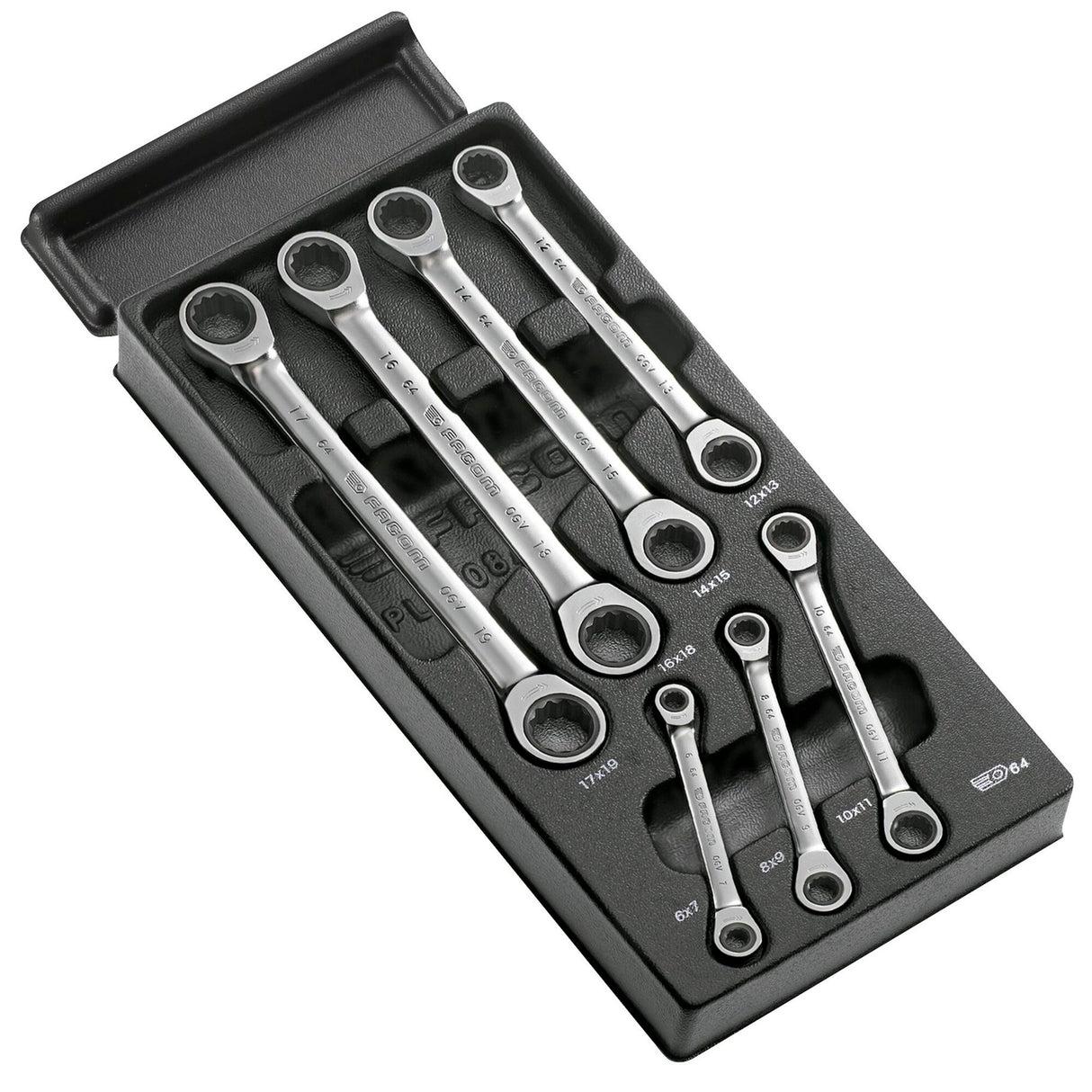 Module met 7 ratelringsleutels 12-kant van 6 tot 19 mm
