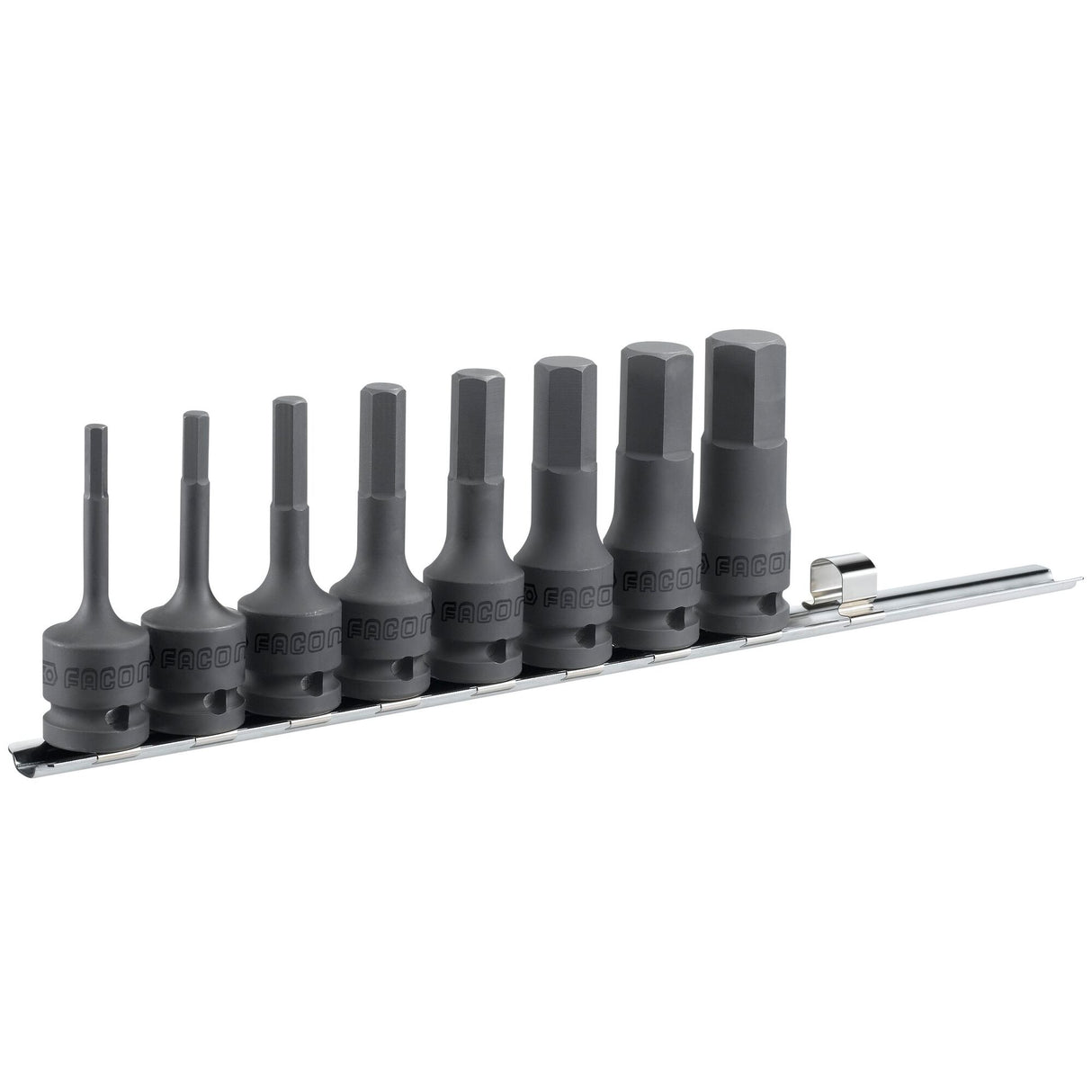 Set van 8 impact-schroevendraaierdoppen 1/2" voor 6-kant inbusschroeven, metrische maten, op rek