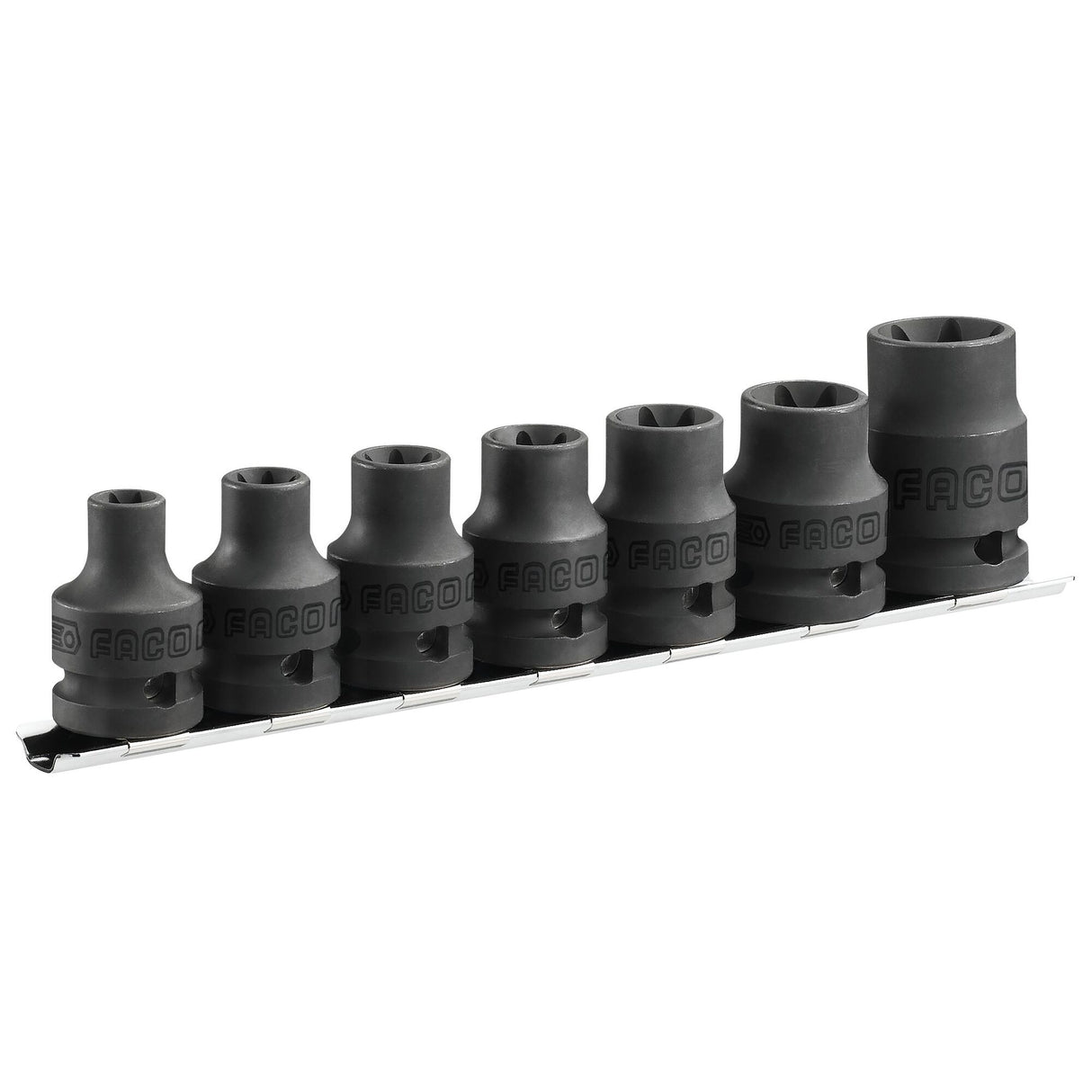 Set van 7 impact-doppen 1/2" Torx® op een rek