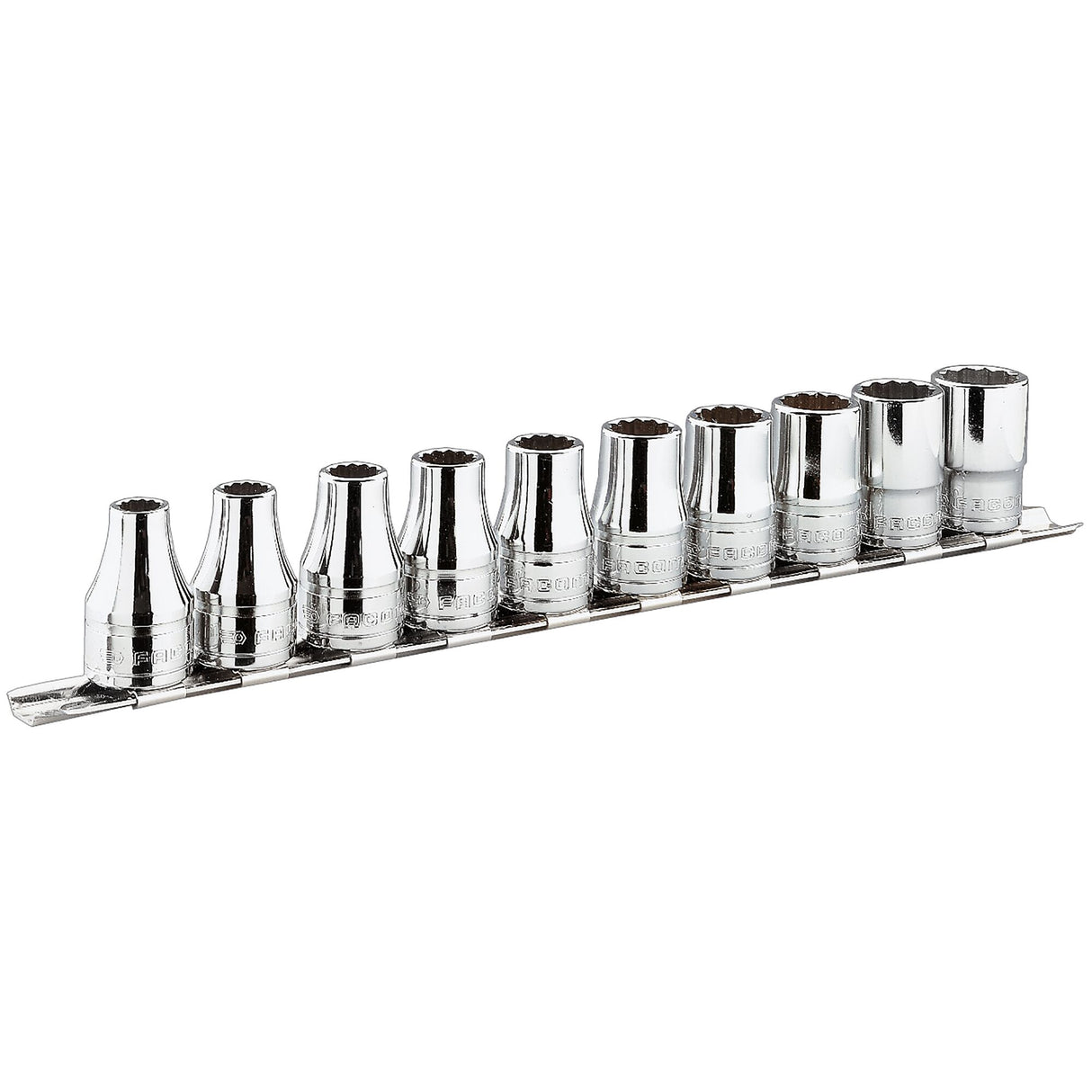 RB.AU - Set met diverse 1/4" doppen op metalen rek.