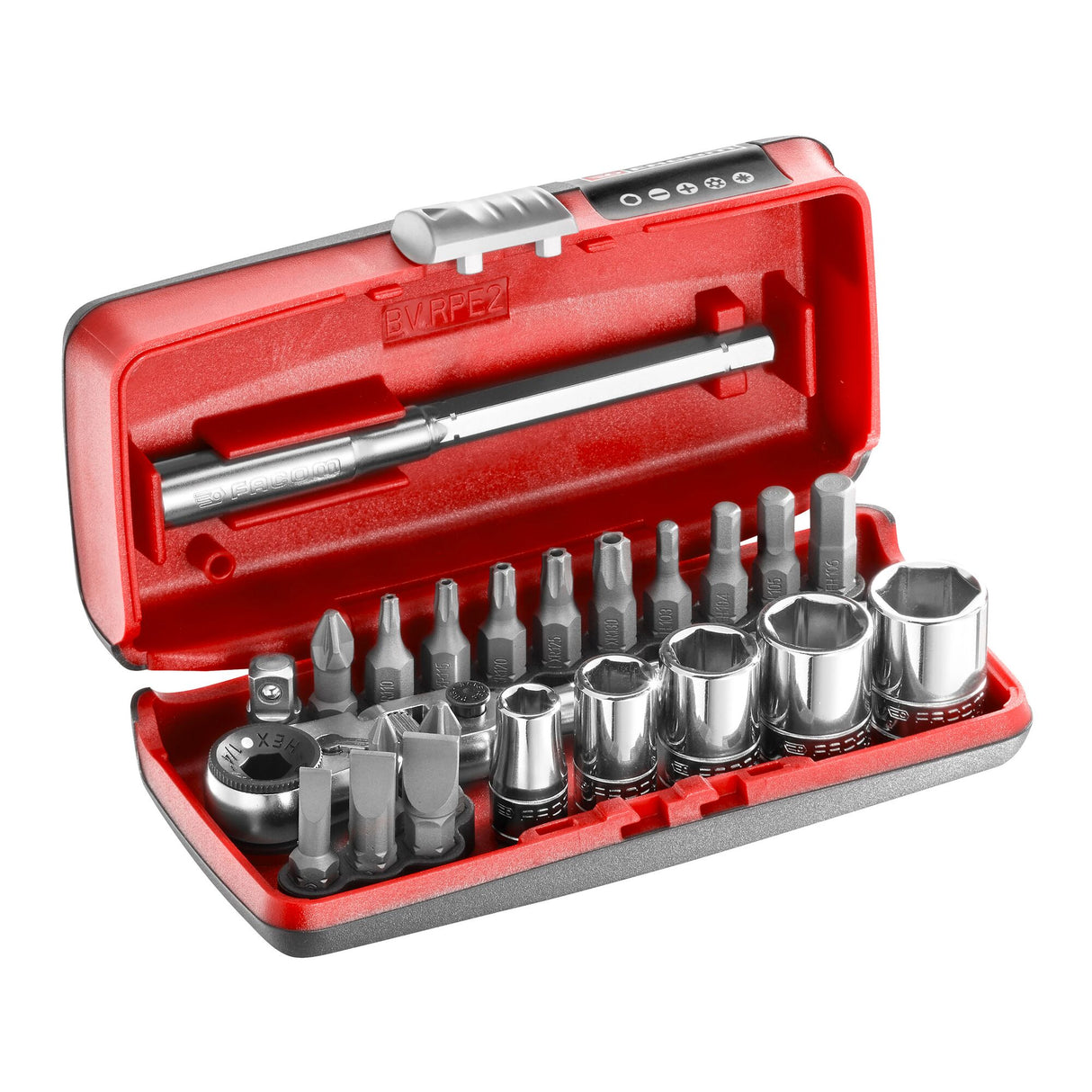 Koffer 6-kant doppen 1/4", metrische maten, en bits - 23 stuks - R.180