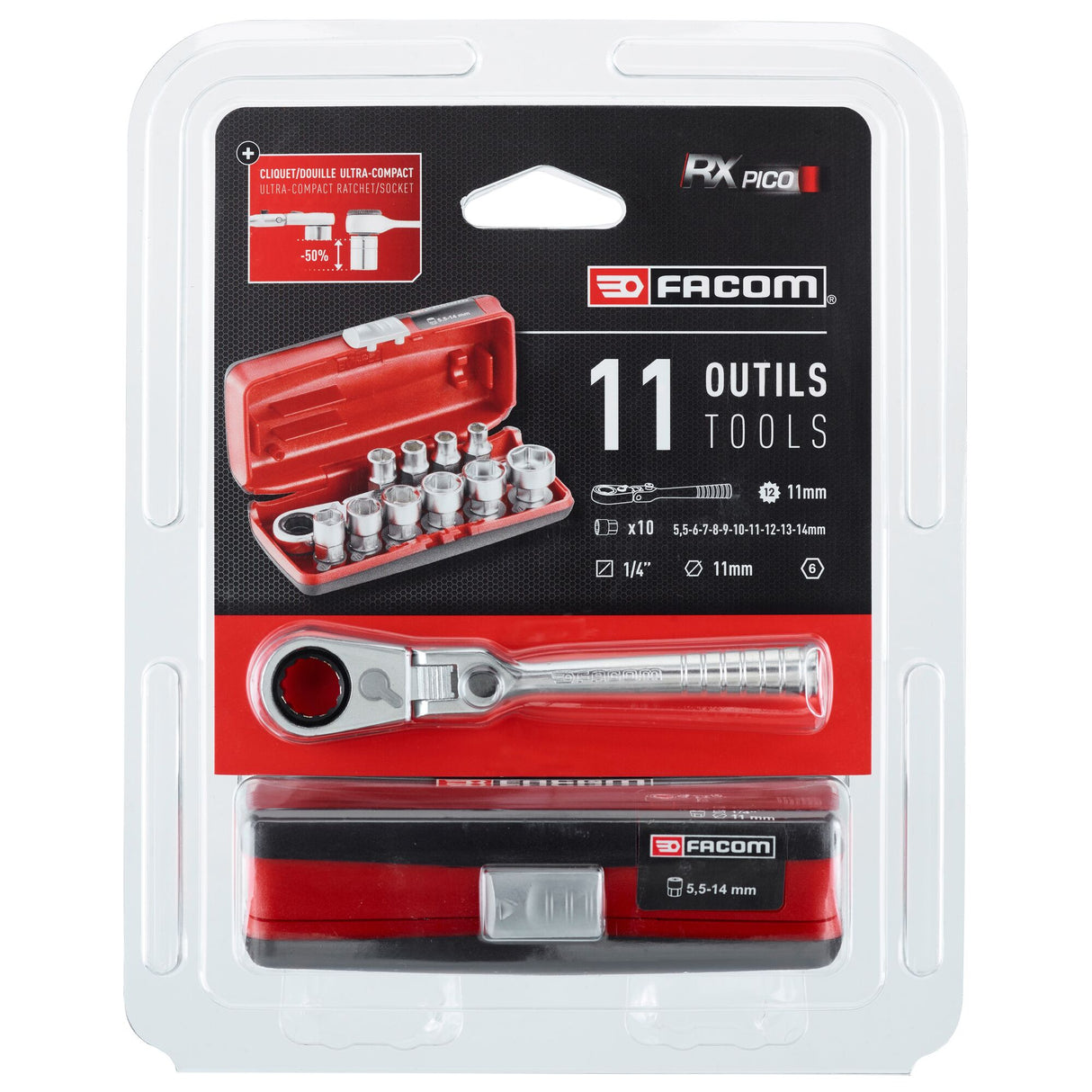 11-Delige Set 6 Kant 1/4' Met R.180Hx Doorsteekratel- En Doppen