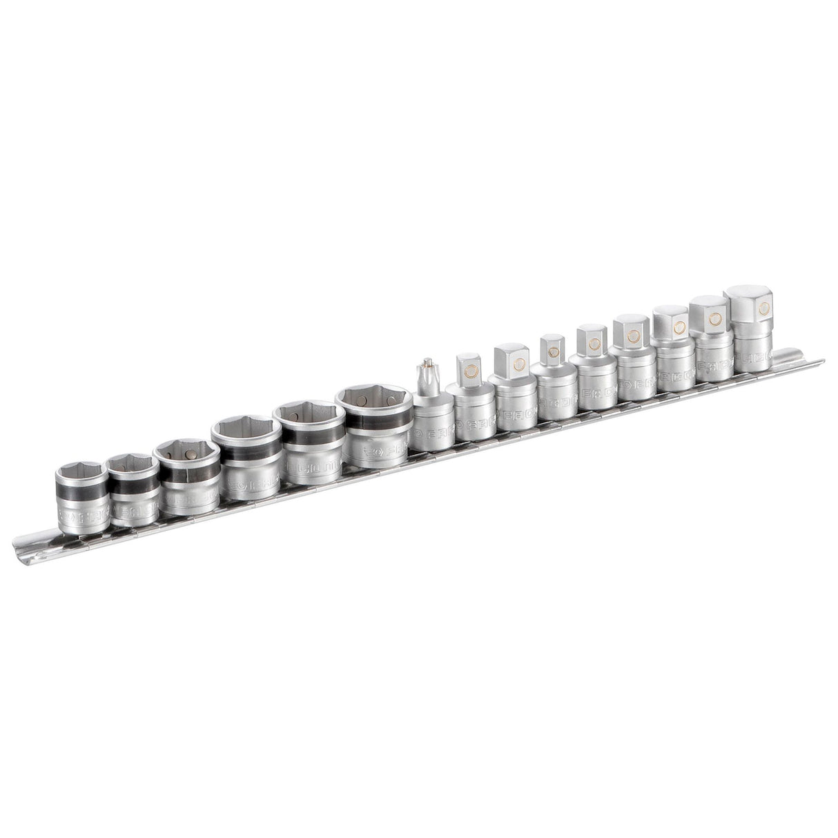 Set van 9 magnetische aftapbits en 6 magnetische aftapdoppen op opbergrek