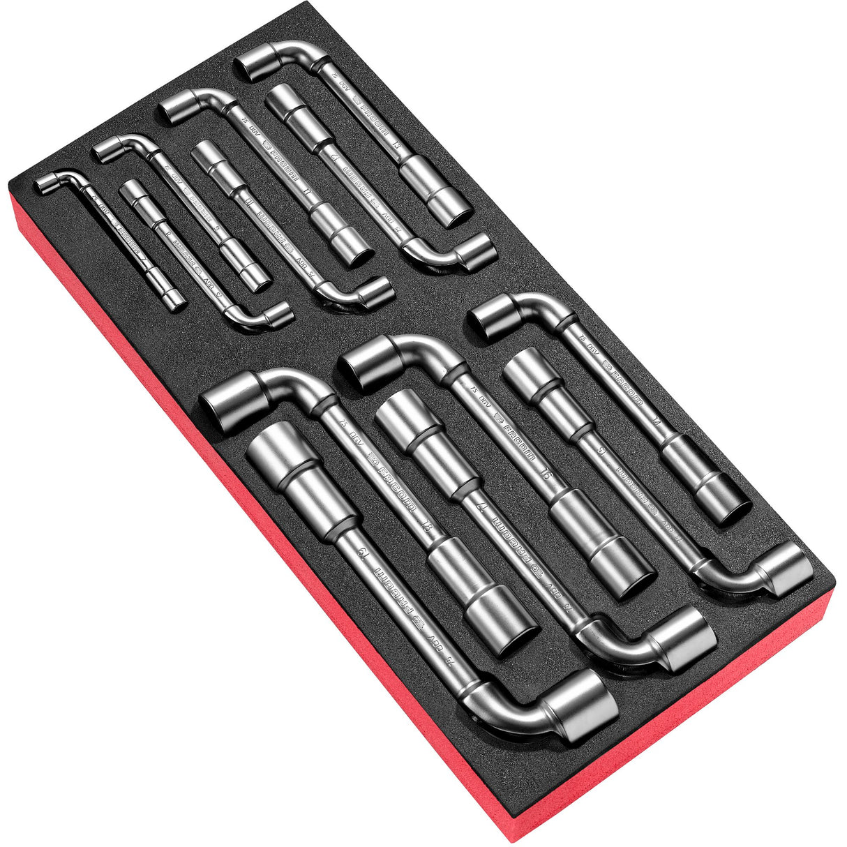 Module van open metrische pijpsleutels op een inlay van foam