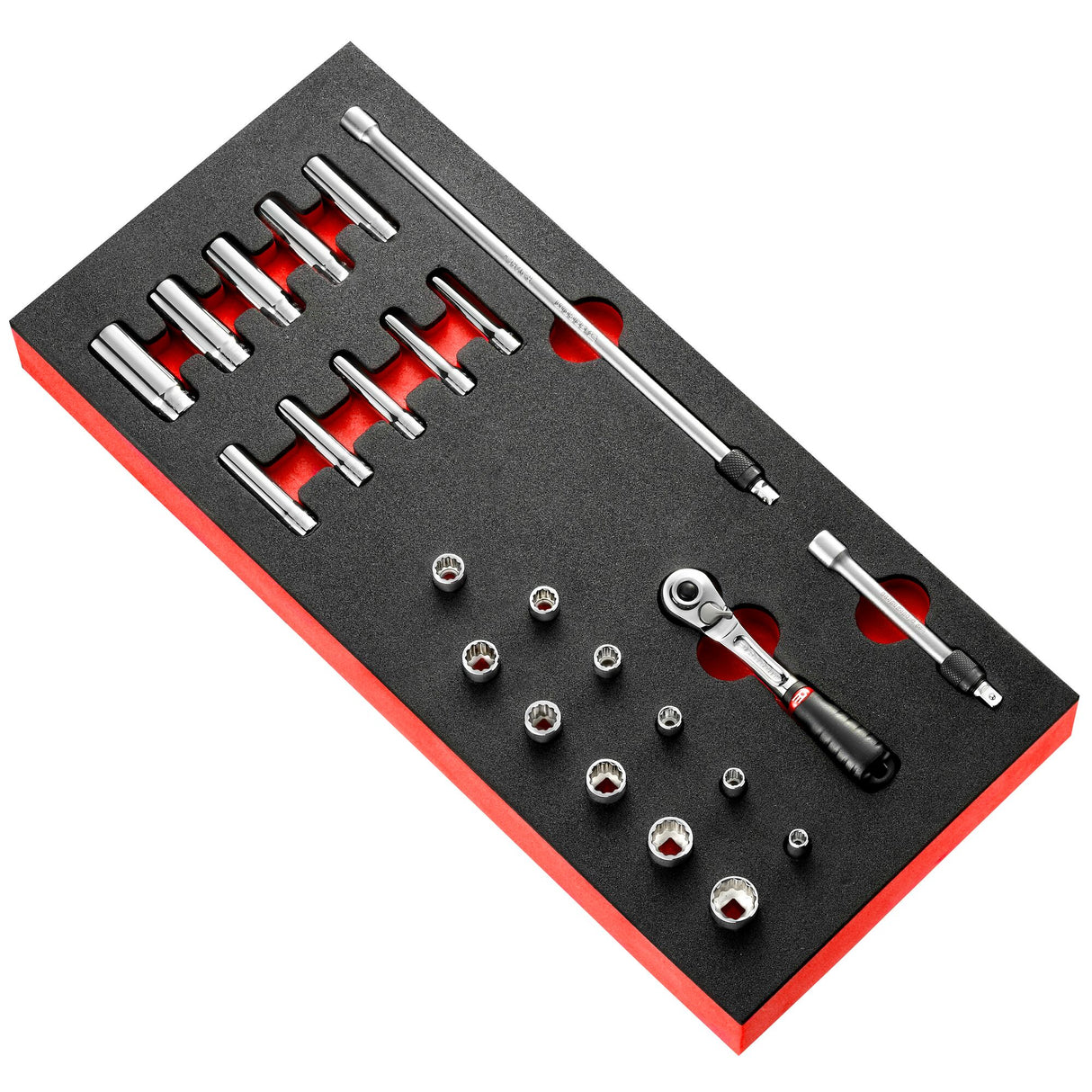 Module van foam met ratel met vergrendeling 1/4" en doppen in inches