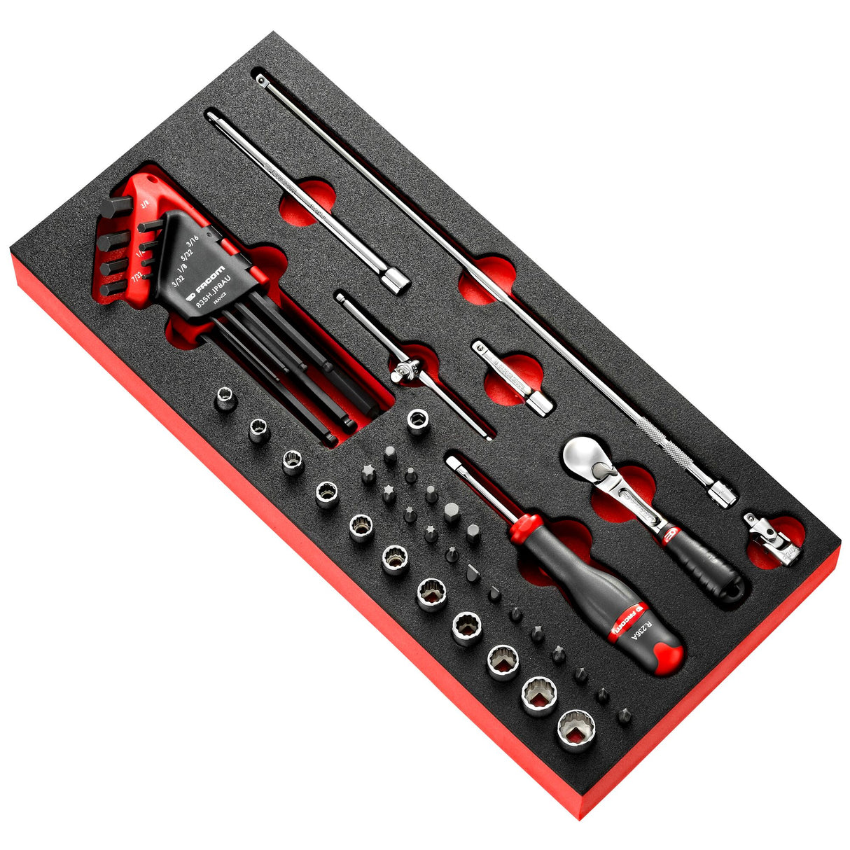 Module van foam met ratel met vergrendeling 1/4" en doppen in inches