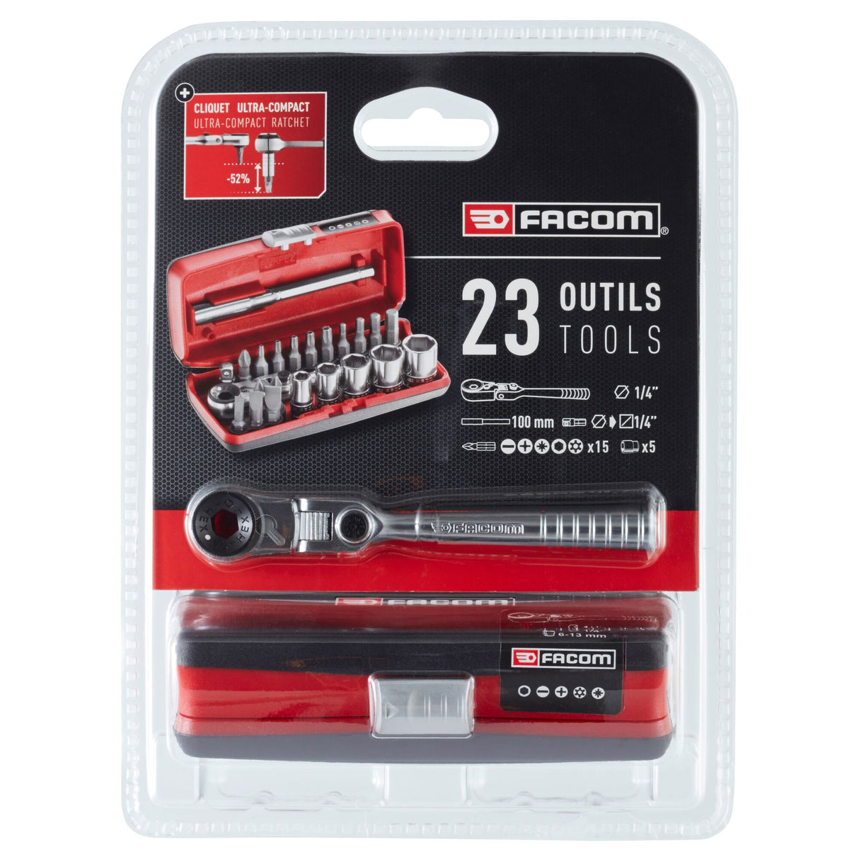 Koffer 6-kant doppen 1/4", metrische maten, en bits - 23 stuks - R.180