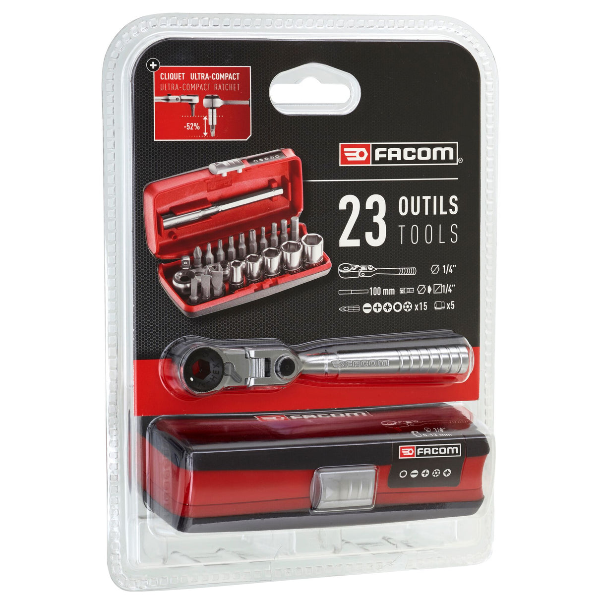 Koffer 6-kant doppen 1/4", metrische maten, en bits - 23 stuks - R.180