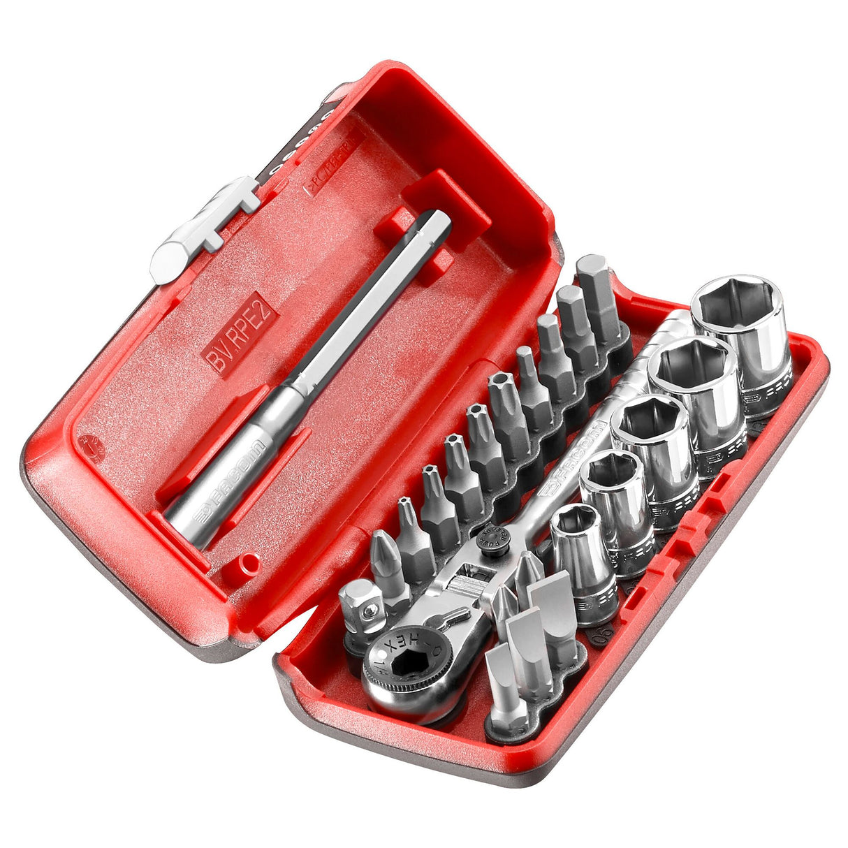 Koffer 6-kant doppen 1/4", metrische maten, en bits - 23 stuks - R.180