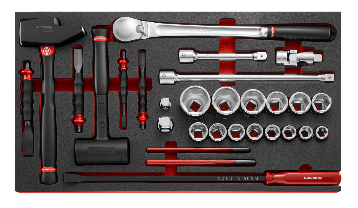 Composition en module mousse M4, douilles standard 3/4", Cliquet, Martellerie et accessoires